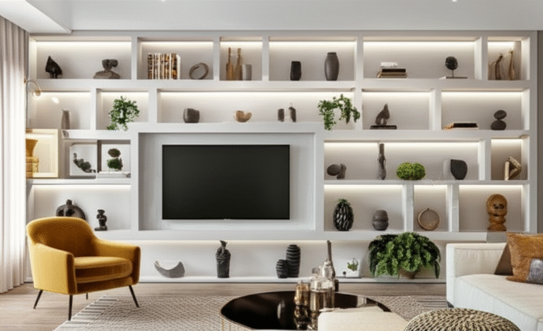 Sala de estar com painel de gesso decorativo e plantas