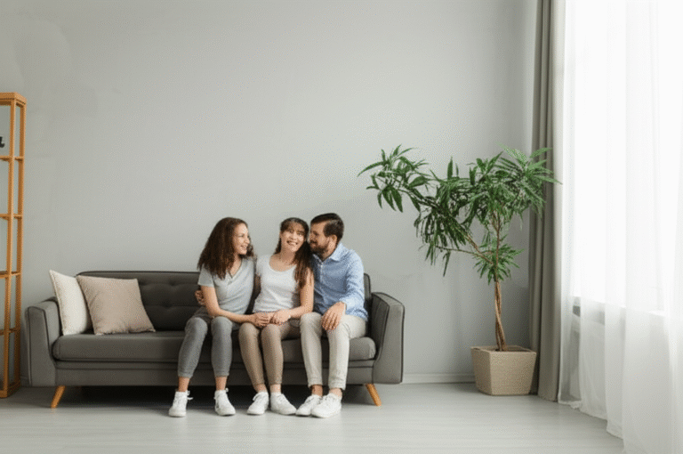 Ambiente Saudável com Gesso que Respira Família sorrindo em uma sala com paredes de gesso, representando um ambiente saudável.