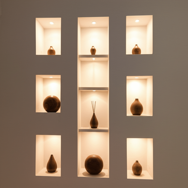 Nichos iluminados em parede de gesso.