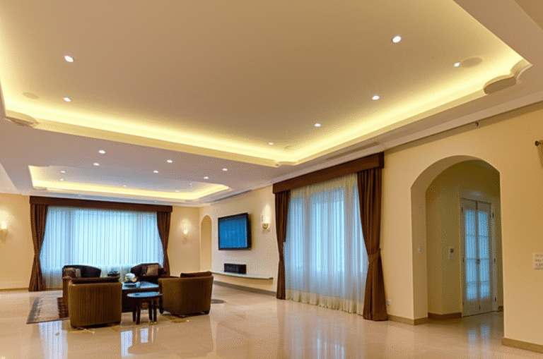 Sala com sanca invertida e iluminação indireta.