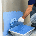 Homem aplicando promotor de aderência em parede antes da aplicação de gesso.