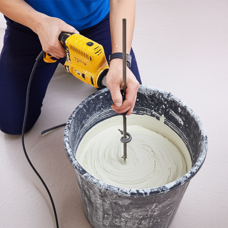 Mistura Correta do Gesso Homem misturando gesso em balde com furadeira e batedor.