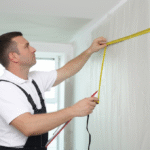 Profissional de gesso medindo um teto para orçamento