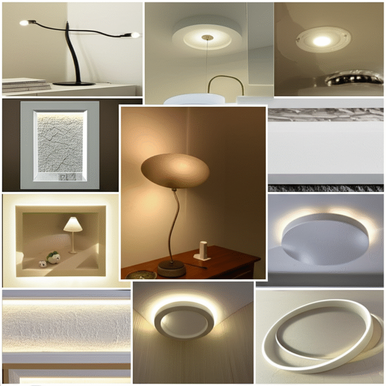 Diversas luminárias de gesso com diferentes designs e estilos.