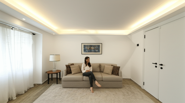 Ambiente com Gesso Livre de Alergênios Mulher sorrindo em sala decorada com gesso, sem sinais de poeira