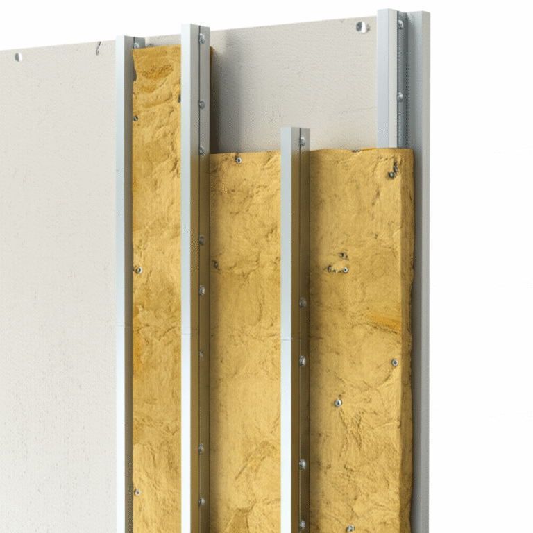 Parede de gesso acartonado com isolamento acústico em construção.