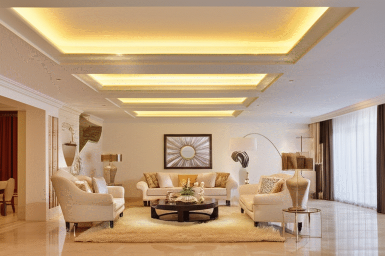 Sala de estar com sanca de gesso e iluminação indireta, criando um ambiente relaxante.