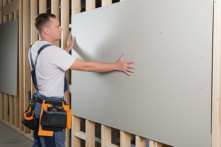 Instalação de Drywall Homem instalando placa de drywall em parede