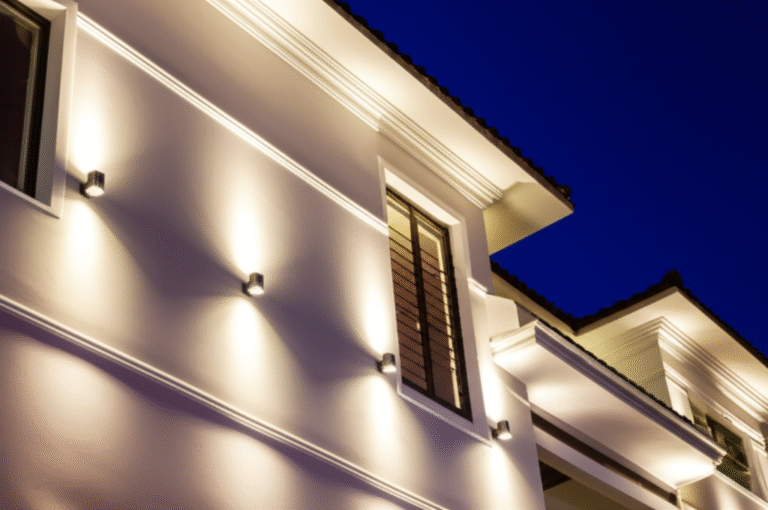 Iluminação Realçando Detalhes em Gesso Fachada de gesso com iluminação