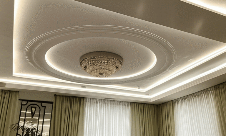 Teto de Gesso Moderno Sala de estar com teto rebaixado em gesso e iluminação embutida.