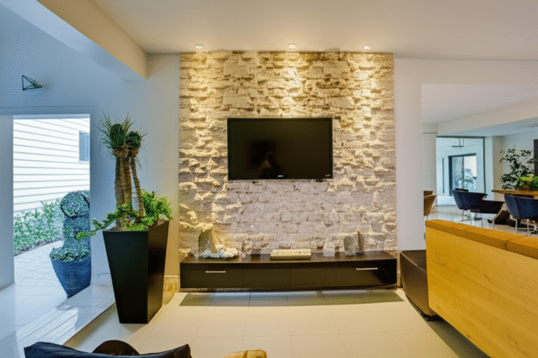 Painel de Gesso 3D: Elegância e Sustentabilidade Sala de estar com painel de gesso 3D imitando pedra.