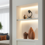 Micro nicho de gesso em sala de estar com objetos decorativos
