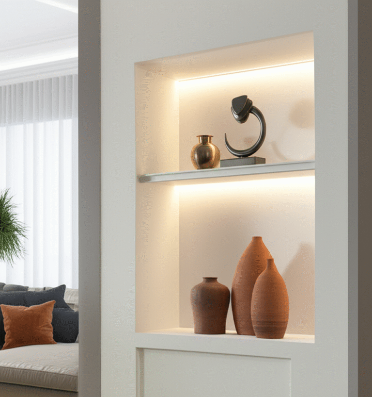 Versatilidade dos Micro Nichos de Gesso Micro nicho de gesso em sala de estar com objetos decorativos
