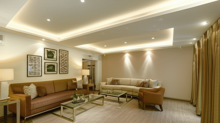 Gesso: Iluminação e Acústica Otimizadas Sala de estar com forro de gesso rebaixado e iluminação embutida.