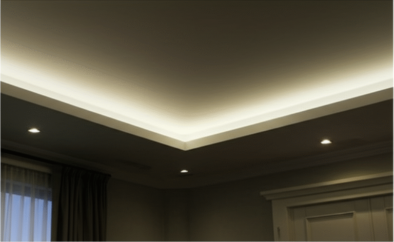 Sanca de Gesso com Iluminação Indireta Sanca de gesso iluminada escondendo fiação elétrica.