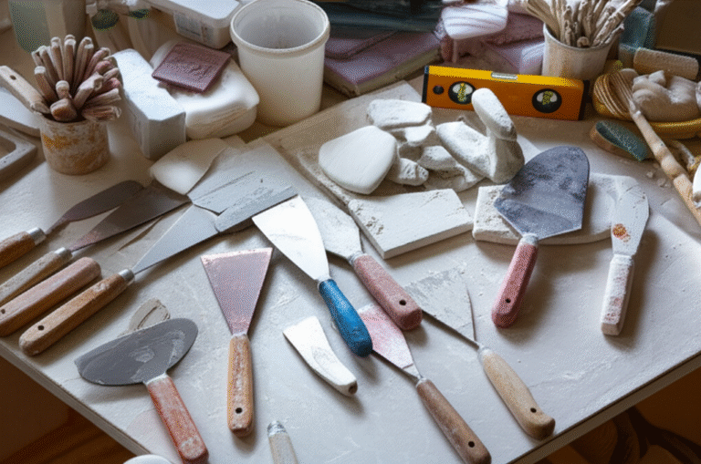 Ferramentas essenciais para decoração com gesso. Ferramentas para trabalhar com gesso em mesa de trabalho.