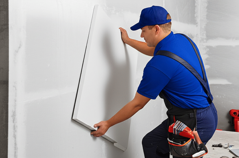 Profissional instalando gesso em obra