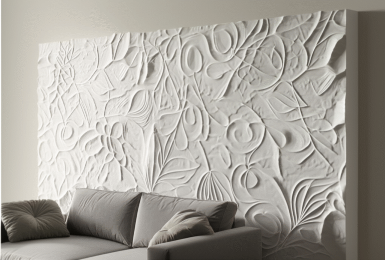 Painel de Gesso 3D Biofílico Painel de gesso 3D com padrão de folhagens em parede de sala de estar.