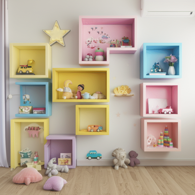 Nichos de Gesso: Organização e Cor Quarto infantil com nichos de gesso coloridos e brinquedos