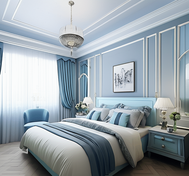 Cores Frias para Relaxamento Quarto decorado com gesso e cores frias.