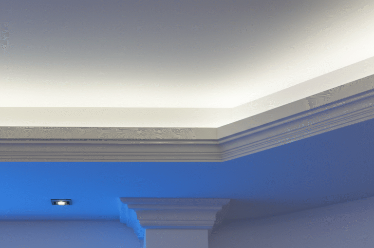 Gesso e Cores: Destaque e Personalização Detalhe de sanca de gesso com iluminação e cores contrastantes.