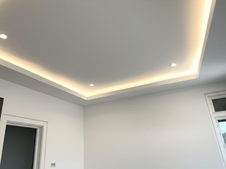 Forro de Gesso Escondendo Tubulações Forro de gesso branco com iluminação embutida escondendo tubulações.