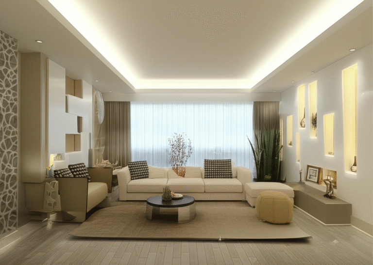 Decoração com Gesso: Elegância e Personalização Sala de estar com sanca de gesso iluminada e nichos decorativos na parede.