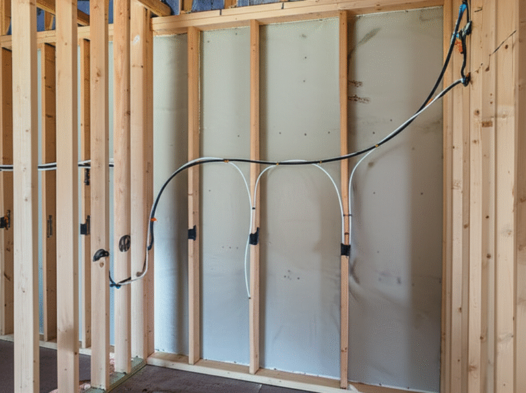 Parede de drywall com fios elétricos embutidos