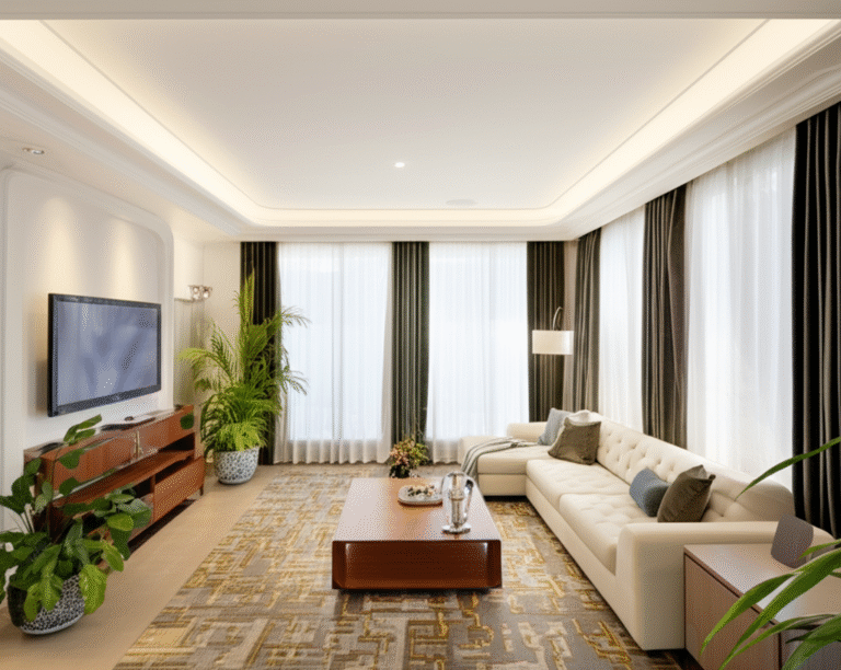 Sala de estar com sanca de gesso iluminada