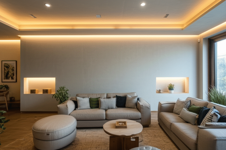Decoração com Gesso Sustentável Sala de estar decorada com gesso sustentável e iluminação indireta.