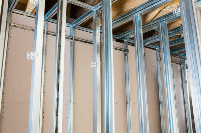 Parede de drywall em construção com estrutura metálica aparente