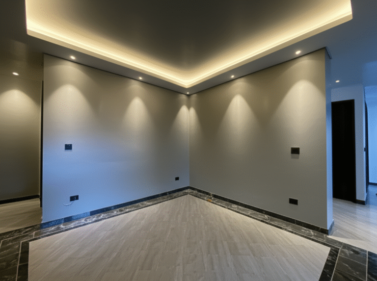 Sala de estar com paredes em gesso liso e iluminação embutida